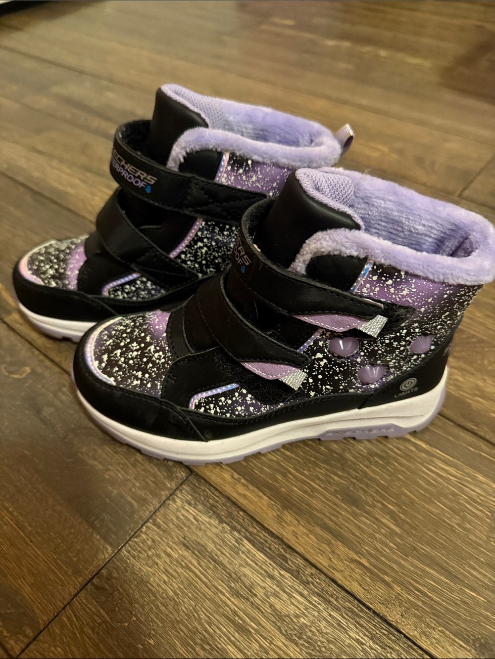 Skechers Girls Black & Purple Sparkle Velcro Winter Boots Light up